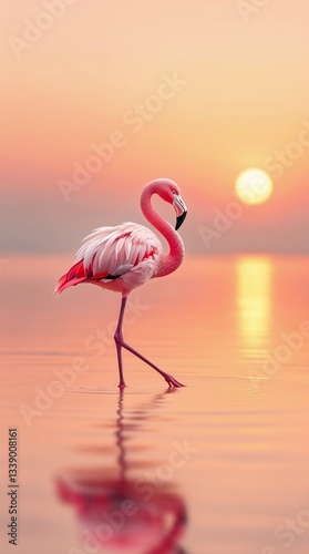Graceful flamingo walking in calm water at sunset with soft pastel colors and copy space
