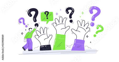 Question and answer session with raised hands and question marks, symbolizing curiosity and engagement, transparent background.
