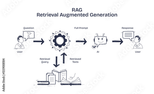 RAG process shows user queries leading to AI responses via text retrieval, transparent background. Key objects, user, AI, books. Doodle style diagram