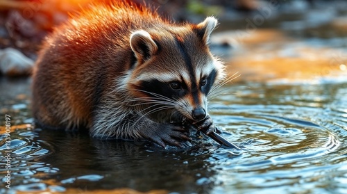 Curious raccoon playing with stick in calm water during sunset with copy space