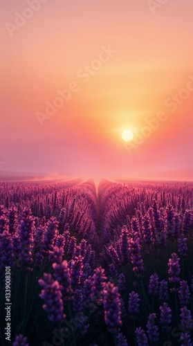 Lavender field in full bloom at sunrise with vibrant colors and copy space
