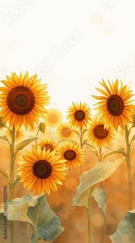 Vibrant sunflowers blooming in a field with warm tones and copy space
