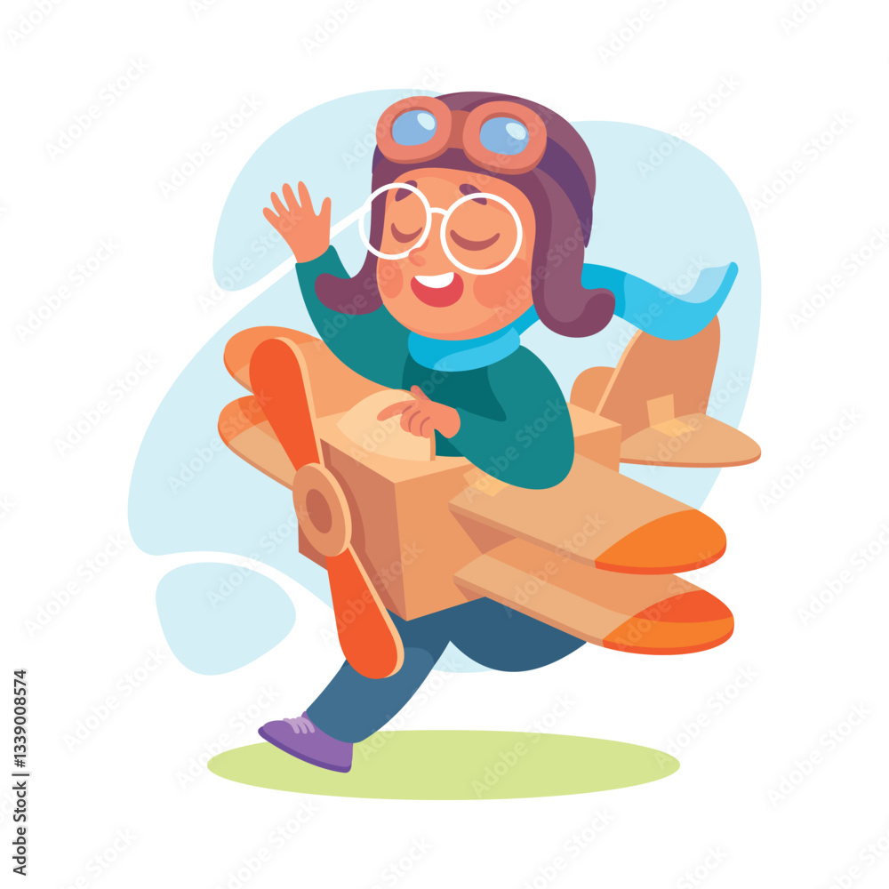 Boy Character Pretend Flying with Crafted Plane Vector Illustration Boy Character Pretend Flying with Crafted Plane Vector Illustration