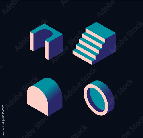 Abstract geometric isometric shapes in blue and pink tones on a dark background. Modern minimalistic design concept for architecture, construction, and design. Vector illustration