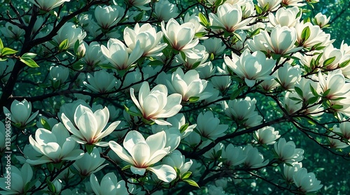 Blooming magnolia tree with delicate white flowers and fresh green leaves on a sunny day and copy space
