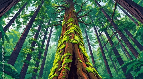 Majestic tree towering in a lush green forest with vibrant foliage and copy space