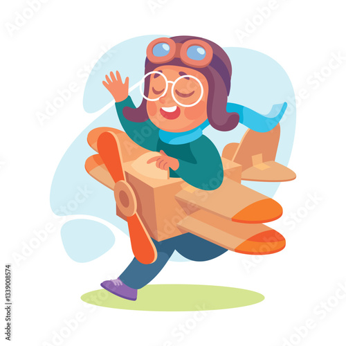 Boy Character Pretend Flying with Crafted Plane Vector Illustration
