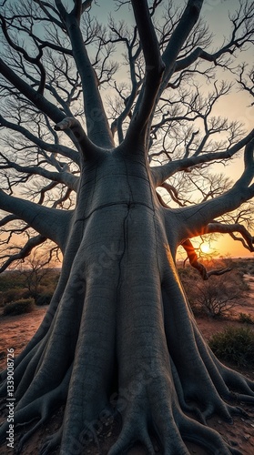 Baobab tree at sunset, majestic presence, standing tall, vibrant and dramatic backdrop
