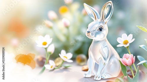 Charming decorative rabbit figurine surrounded by colorful flowers in a whimsical garden setting
