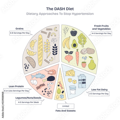 DASH Diet focuses on balanced nutrition with grains, fruits, and proteins, transparent background. Doodle style diagram.