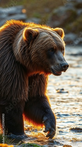 Majestic brown bear walking through a river at sunset with golden light reflecting off its fur