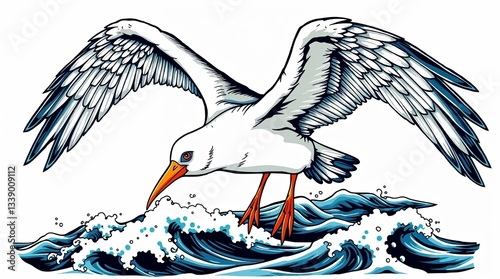 Stylized illustration of a seagull flying above ocean waves in vibrant colors