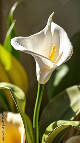 Elegant calla lily flower with a creamy white petal and vibrant yellow stamen in soft sunlight
