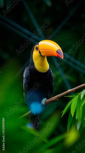 Colorful toucan perched on a branch surrounded by lush green foliage in a tropical setting
