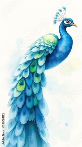 Stylized illustration of a majestic peacock featuring vibrant blue feathers in a whimsical design
