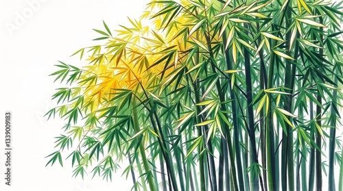 Stylized illustration of bamboo stalks with vibrant green and golden leaves against a white background