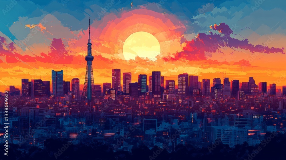Obraz premium Tokyo Japan Poster Illustration Travel Print Decor Gift Paper Canvas Wall Retro Art