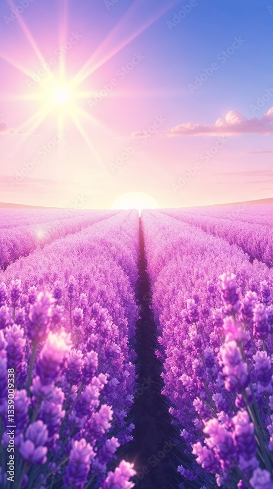 Obraz premium Breathtaking lavender field stretching towards the horizon under a radiant sunrise