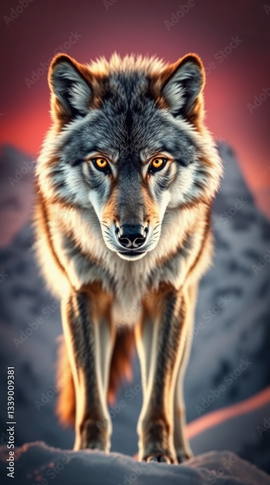 Fototapeta premium Majestic wolf staring intently with glowing eyes against a dramatic mountainous backdrop