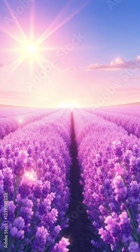 Breathtaking lavender field stretching towards the horizon under a radiant sunrise