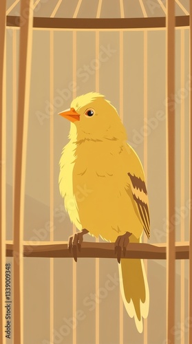 Stylized illustration of a yellow canary perched inside a birdcage