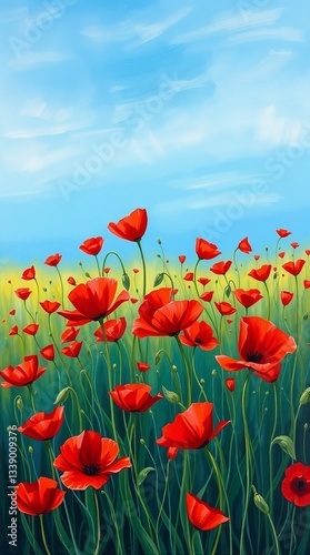 Bright and cheerful illustration of a field of vibrant red poppies against a blue sky
