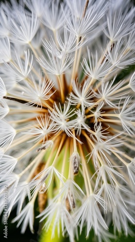 Close-up of a delicate dandelion seed head showcasing intricate white fluff against a dark background