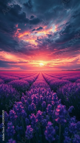 Stunning lavender field under a dramatic sky at sunset with vibrant purple flowers