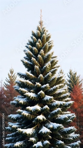 Snow-dusted evergreen tree standing tall in a winter landscape against a pale sky
