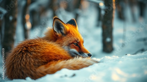 Beautiful red fox resting in a snowy landscape with a soft fur coat reflecting warm sunlight