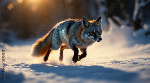 Swift red fox sprinting through a snowy landscape, illuminated by the warm light of the setting sun
