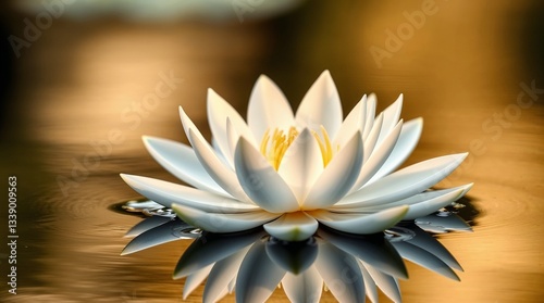 A beautiful white water lily blooming on a tranquil pond with golden reflections