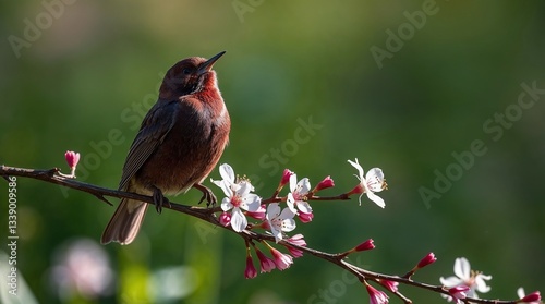 A charming brown bird singing on a flowering branch amidst blooming white and pink blossoms