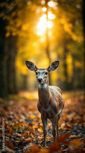 A young deer looking calmly on a picturesque autumn forest background
