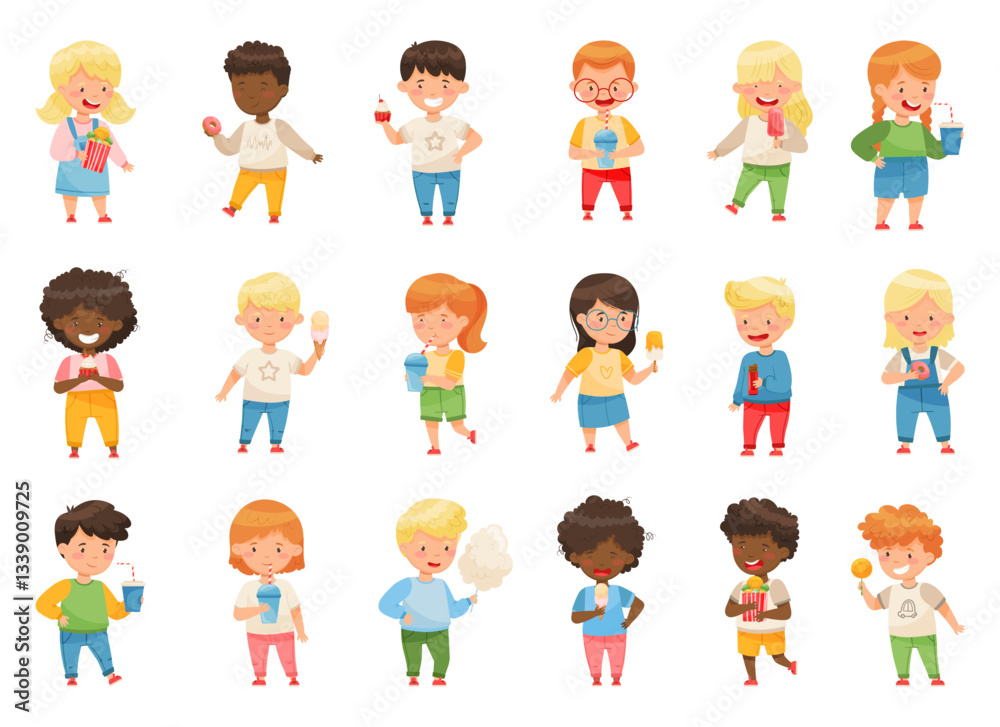 Cute Boy and Girl Drinking Soda and Eating Sweets and Sugary Treats Vector Set Cute Boy and Girl Drinking Soda and Eating Sweets and Sugary Treats Vector Set