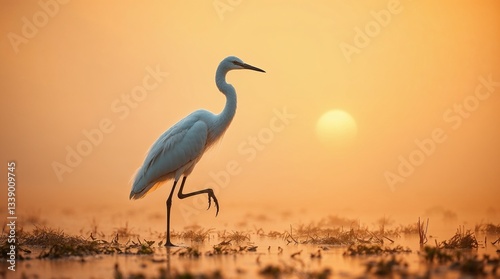 A graceful heron wading through a misty wetland at sunrise, with a golden sun glowing in the background
