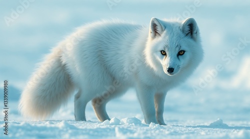 Arctic fox looking curiously on a snowy landscape