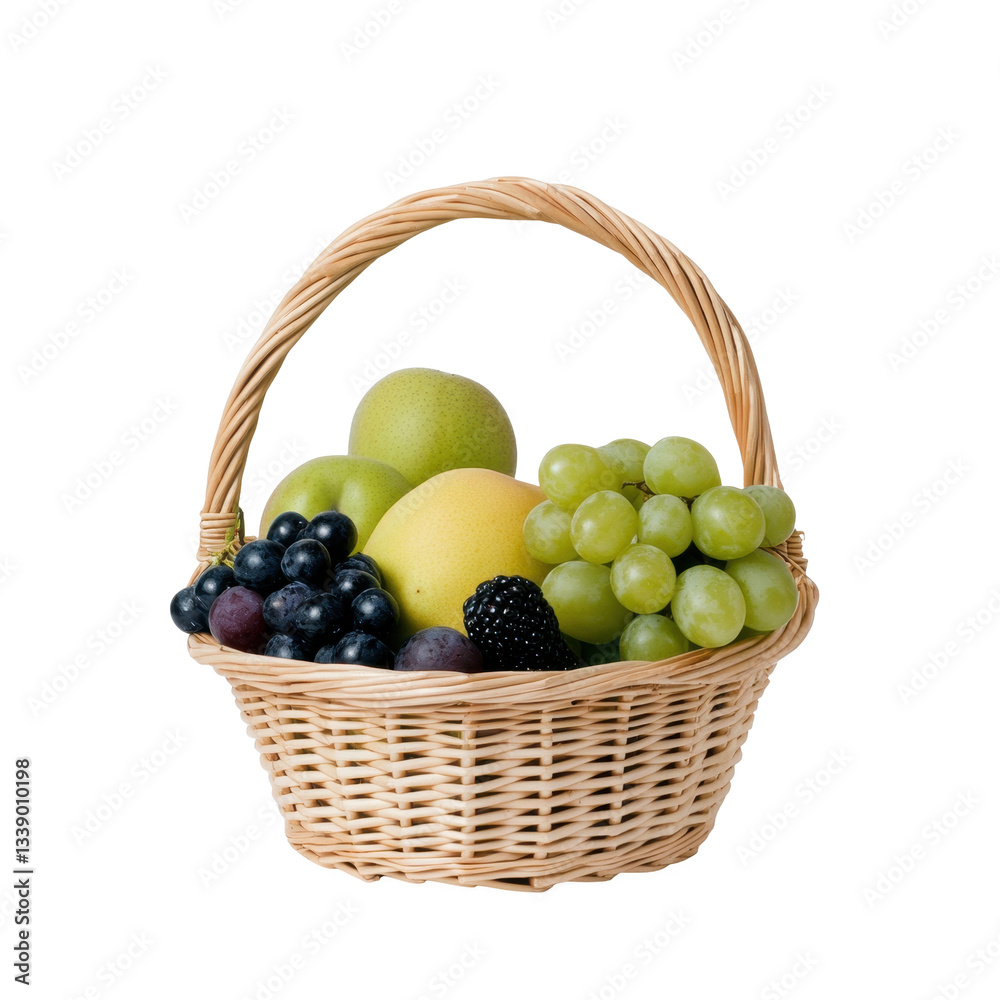 Colorful fruit basket with apples, grapes, and berries on a white background. Colorful fruit basket with apples, grapes, and berries on a white background.