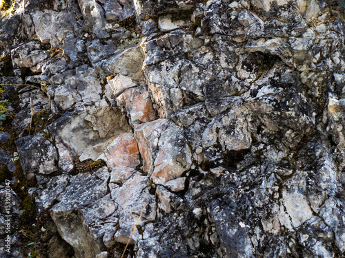 Textured Mountain Rock Surface with Lichen and Moss Showing Geological Layers