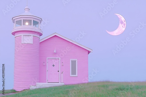 Pink lighthouse under pink moon on green hill