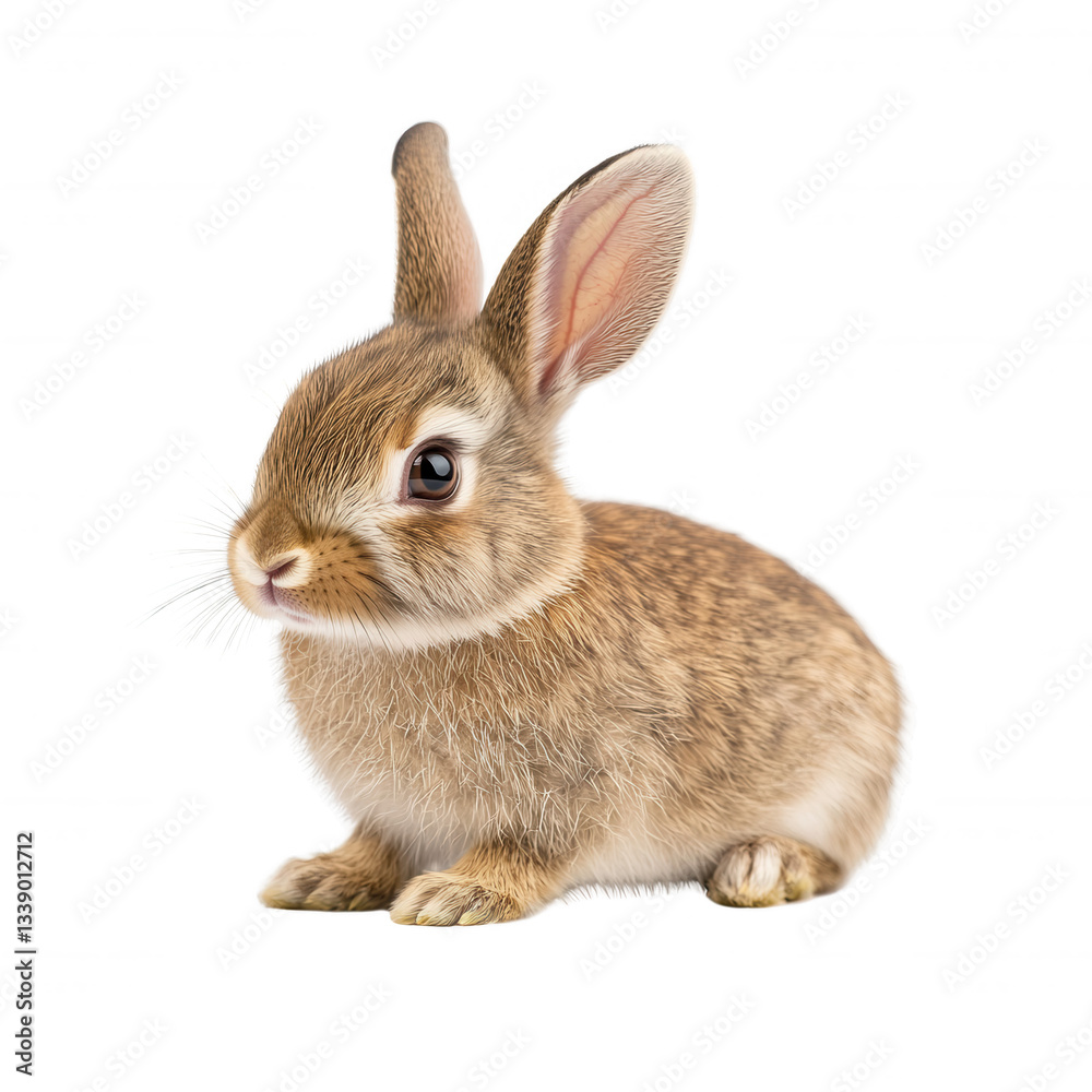 Obraz premium Cute rabbit sitting with a soft expression on a white isolated background.