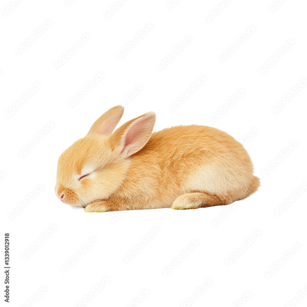 Obraz premium Cute sleeping rabbit with soft fur on a white isolated background.