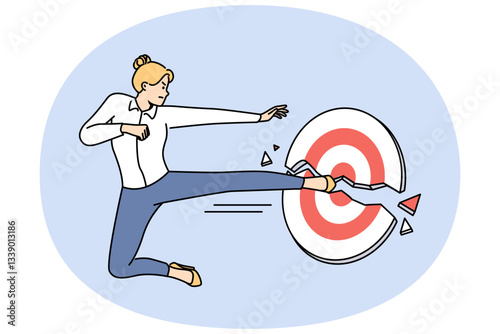 Business woman kicks target showing strength and ambition to achieve goals and complete task. Businesswoman strives for success and breaks obstacles that prevent from achieving goals on career path