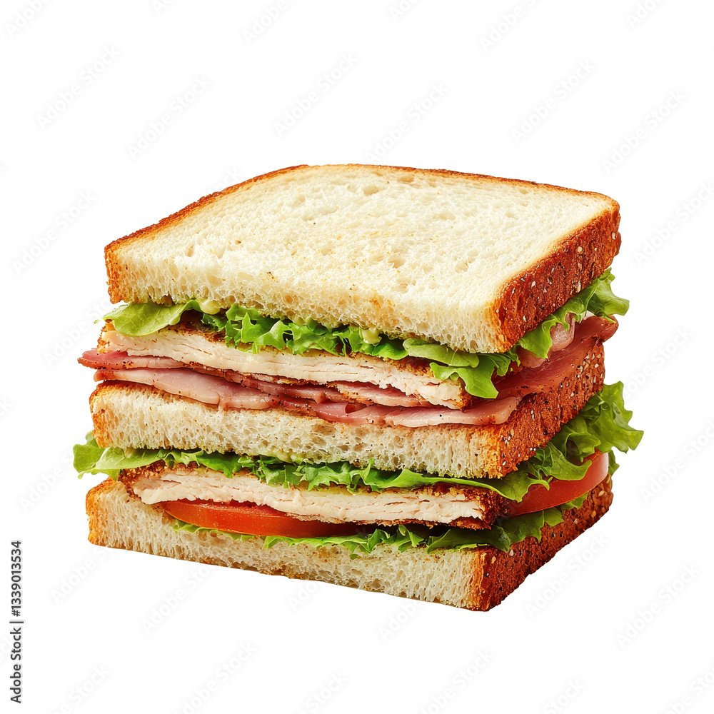 Delicious layered sandwich with turkey, ham, lettuce, and tomatoes, white isolate background. Delicious layered sandwich with turkey, ham, lettuce, and tomatoes, white isolate background.