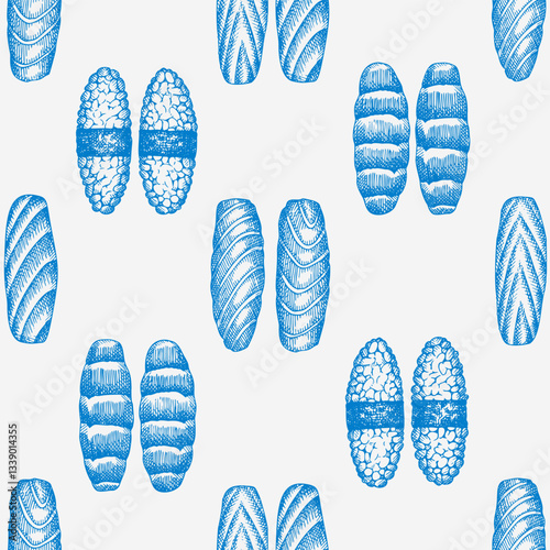 Sushi  Vector Seamless Pattern. Japanese Cuisine Hand Drawn Background. Retro Asian Food Illustration.