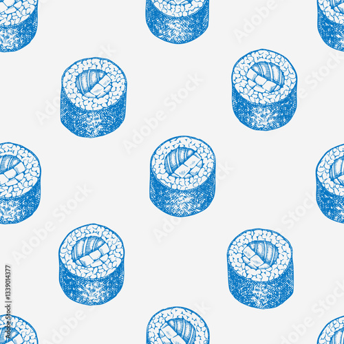Sushi  Vector Seamless Pattern. Japanese Cuisine Hand Drawn Background. Retro Asian Food Illustration.