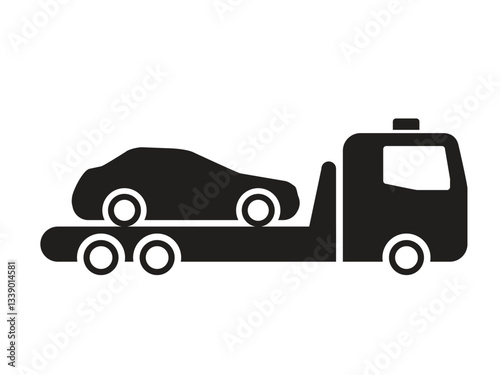 A black and white vector icon of a tow truck carrying a single car.  Roadside assistance, vehicle recovery, towing service, breakdown assistance, and automobile transportation