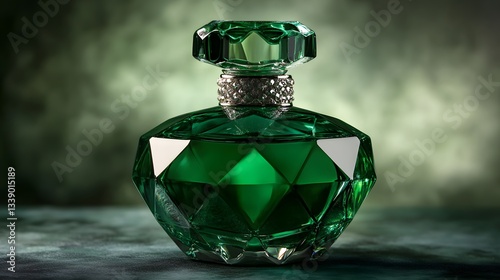Perfume bottle with a faceted cut design and a rich emerald green hue