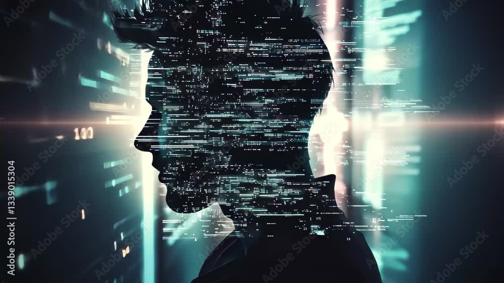 Glitch art portraying a silhouette filled with digital distortions and vibrant transitions in a dark space, Screen Glitch Transitions