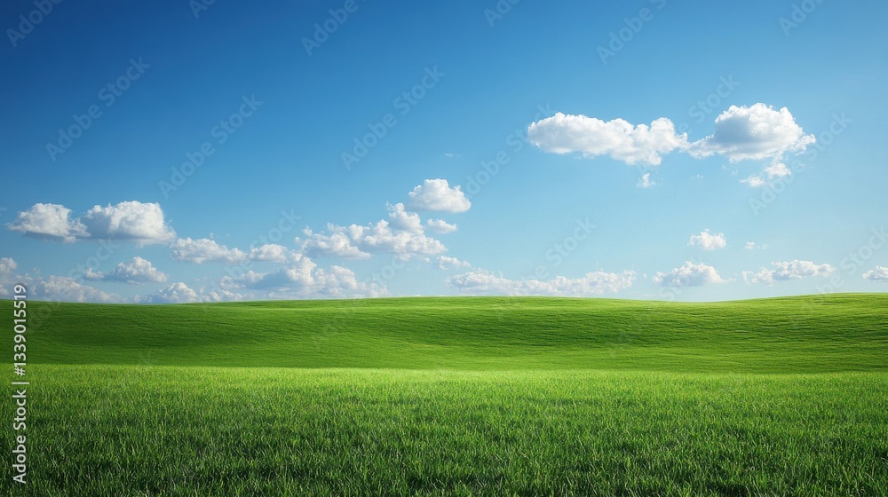 Endless Horizon: A vibrant panorama of a lush, verdant field under a bright, clear blue sky adorned with fluffy white clouds. Endless Horizon: A vibrant panorama of a lush, verdant field under a bright, clear blue sky adorned with fluffy white clouds.